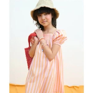 J Crew Crewcuts Girls' Puff-Sleeve Dress in Pink/Orange Stripe Size 6 - Picture 1 of 7