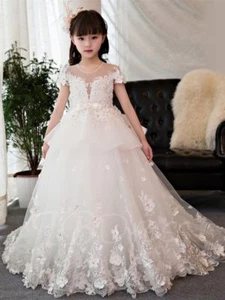 White Flower Girl Dress Lace Applique Tulle Princess Pageant Party Birthday Gown - Picture 1 of 8