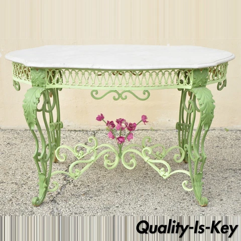 Antique French Art Nouveau Wrought Iron Marble Turtle Top Console Center Table Cover