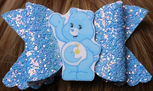 Blue Glitter Care Bears Hairbow BOUTIQUE HANDMADE STACKED  - Picture 1 of 1