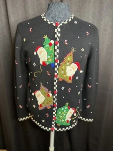 Maglione Brutto Natale Vintage anni 90 Studio JOY Bottoni Babbo Natale Alberi di Natale - Foto 1 di 8