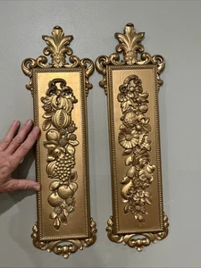 Vintage Paar Syroco Wanddekor Plaketten Blumen & Früchte 20,5 Hx6,5 Bx0,75 "T-EUC - Bild 1 von 9