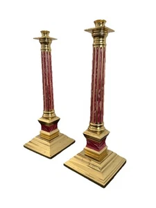 Pair 17” Brass Candlesticks With Red Marble Columns - Picture 1 of 2