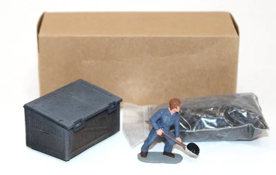The Inkwell O Scale Cast Metal Man Shoveling Coal + Coal + Bin Set MIB 1999 - Image 1 of 3