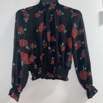 Camisa Y2K Forever 21 Mujer Talla Med Roja Floral Semi Transparente Caprichosa Mangas con Volantes Foto 1 de 4