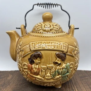 Vintage 70er Tea Time Porzellan Teekanne Gold geprägt mit Drahtgriff Japan - Bild 1 von 8