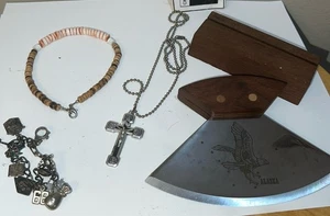 VINTAGE ALASKA etched eagle ULU KNIFE Lot Sterling Silver Charm Braclet 1968 - Picture 1 of 11