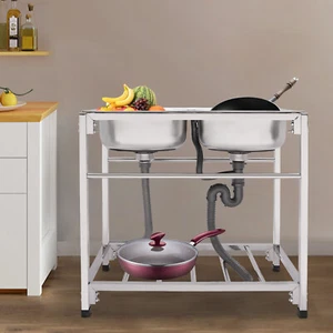 Lavello Cucina Libera Installazione 2 Vassoi Commerciale Acciaio Inox Con Tubi di Scarico - Foto 1 di 23