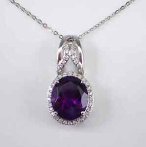 2Ct Oval Cut Lab Created Amethyst Halo Pendant 14K White Gold Plated 18'' Chain