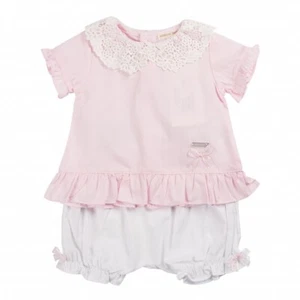 New Baby Girls Shorts Set Lace Frilly Top & Bloomer Bow & Tag Pink White Mintini - Picture 1 of 5
