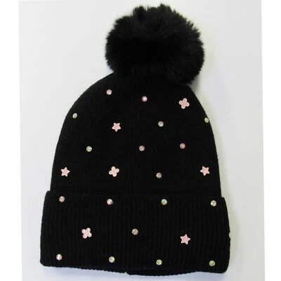 Women's Girls Black Fleece Lined Bling Rhinestone Sparkle Stone Knit Winter Hat - Image 1 of 4