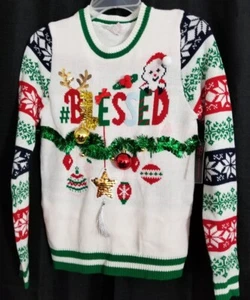 Ugly Christmas Sweater Reindeer~3D ornaments~BLESSED~BELIEVE NOBO No Boundaries - Picture 1 of 5