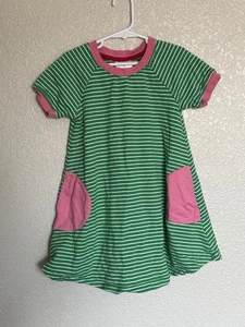 Hanna Andersson Little Girls Striped Dress Green White Pink Patch Pockets 110 5 - Picture 1 of 5