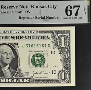 2003A $1 Federal Reserve Note PMG 67EPQ Birthday Repeater Serial Number 61616161 - Picture 1 of 3