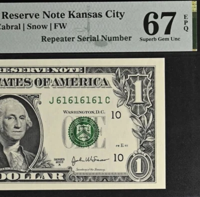 2003A $1 Federal Reserve Note PMG 67EPQ Birthday Repeater Serial Number 61616161 - Image 1 of 3