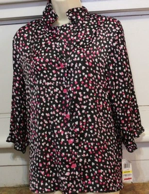 Jenni Moore Pequeña S Dormir Camisa Pijama Top Botones Negro Blanco Rosa Corazones Foto 1 de 2