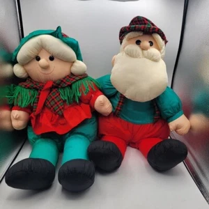 Vintage TBTrading SANTA & MRS CLAUS Large 22" Nylon Puffy Tartan Christmas Set - Picture 1 of 16