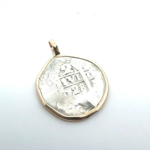 Silver 2 Reales Shipwreck Coin in 14k Yellow Gold Bezel - Picture 1 of 5