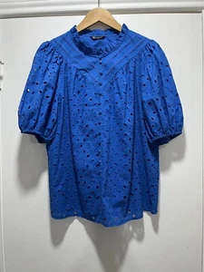 Pretty Garden Damenbluse blau Ösen Puffärmel Rüschen Cottagecore groß - Bild 1 von 4