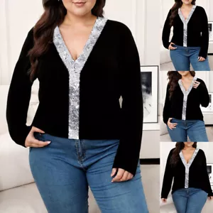 PLUS SIZE Women's V-Neck Sequin Tops Ladies Long Sleeve Casual Shirt Blouse US - Picture 1 of 17