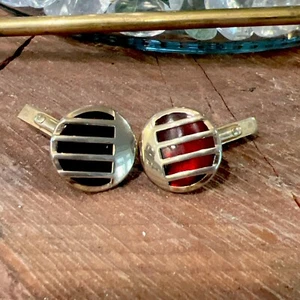 Vintage Men's Round CuffLink and Gold Color with Red Stone Mid Century - Picture 1 of 4