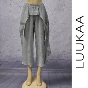 LUUKAA Linen 8Y0225 Lagenlook JOSIAH PANT Apron Dripside (sizes 6-20) 2018 GREY - Picture 1 of 18