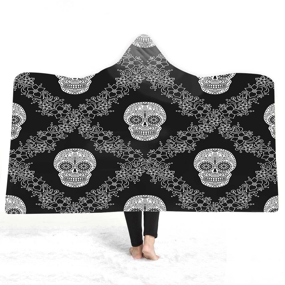 Halloween Gothic Punk Cool Sugar Skull Warm Fleece Hooded Blanket Sofa Throw - Image 1 of 4