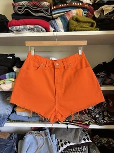 Vtg 80’s 90’s Bright Orange Denim Hotpants Cut Off Shorts Faded Glory 27”-28” W - Picture 1 of 10