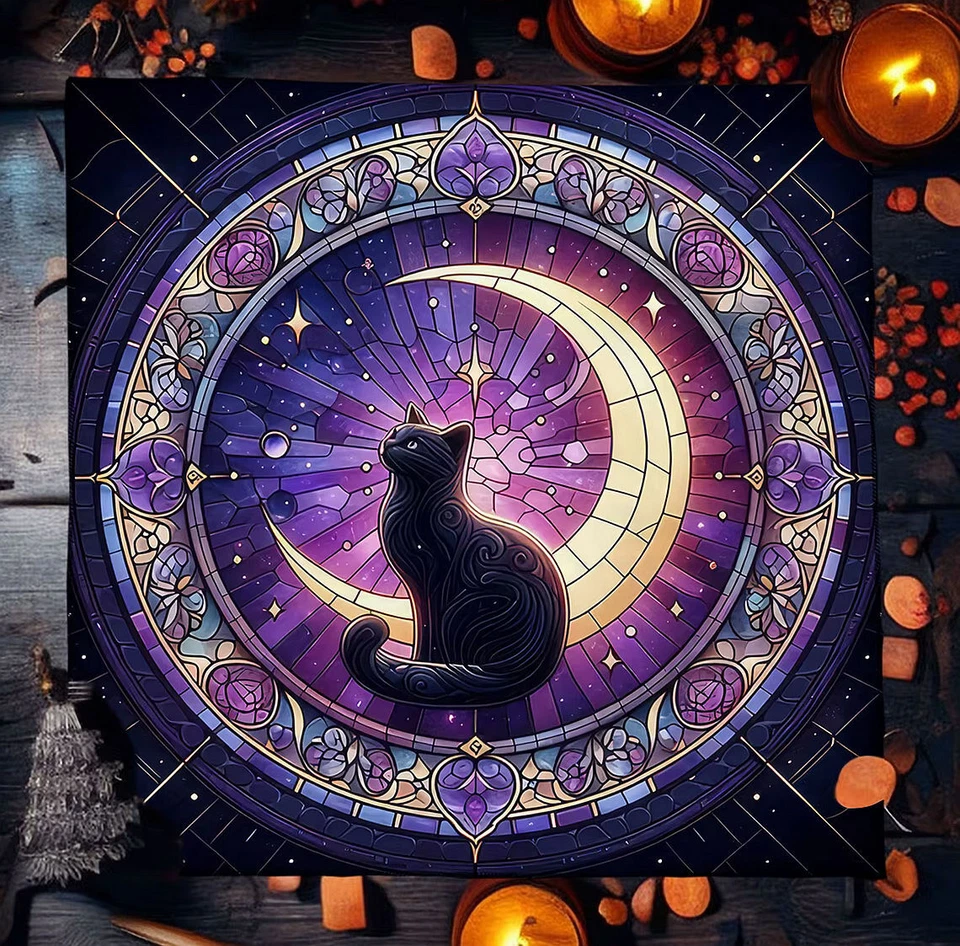 BLACK CAT Altar Cloth, CRESCENT MOON Wicca Altar Supplies, BLACK CAT Tarot Cloth - Image 1 of 1