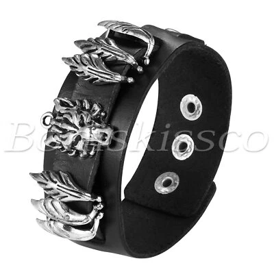 Pulsera de cuero ajustable con cabeza de dragón gótico punk rockero negro para hombre Foto 1 de 4