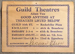Boleto de admisión vintage de los teatros del gremio de la ciudad de Nueva York de la década de 1980 - Imagen 1 de 2