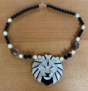 Vintage Lee Sands Mother of Pearl Black Onyx Lion Head 23” Necklace/ Lion 3.25” - Picture 1 of 9