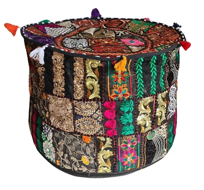 18"Indian Black Cotton Patchwork Ottoman Pouf Cover Home Decor Cushion Covers AU - Image 1 of 2