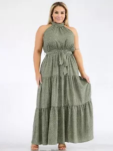 Womens Plus Size Green Maxi Dress 3XL Polka Dot Sleeveless Halter Neckline - Picture 1 of 2