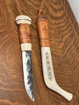 VTG Sami Knife Lapp Puuko Knife & Sheath Antler Scrimshaw Väinö Tossavainen RARE - Image 1 of 4