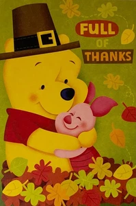 Hallmark Thanksgiving Card UNUSED Winnie The Pooh Hugging Piglet Fall Leaves - Picture 1 of 4