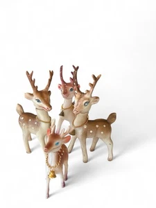 Vintage 1950er Set 4 Gummi Weihnachten Rentier drehbare Köpfe Gold Glockenhalsbänder HK - Bild 1 von 19