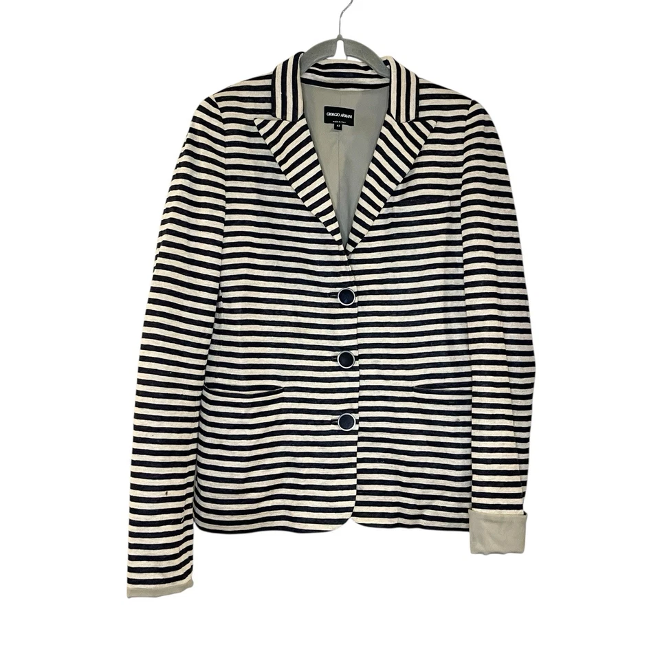 Giorgio Armani Blazer Jacket Linen Beige Navy Blue Striped Coastal Old Money 42 - Image 1 of 4