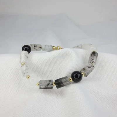 14K 镀金不锈钢黑色白色碧玺玛瑙 7.5 英寸手链 — 第 1/4 张图片