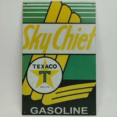 Letrero publicitario Texaco Sky Chief gasolina estaño metal pintado 10"x16" descolorido por el sol Foto 1 de 4