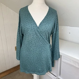 Gudrun Sjoden Strickjacke Gr. M grün blau gepunktet 100% Leinen Wickeloptik 3/4 Ärmel - Bild 1 von 8