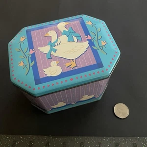 Vtg Made In England Tin Canister Hinge Lid Duck 90s Classic Kitchen Granny Blue - Picture 1 of 4
