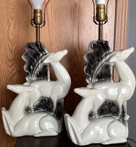 Vintage Table Lamps Set 2-Deer/Stag Black & White Ceramic MCM 1950’S Works READ! - Picture 1 of 12