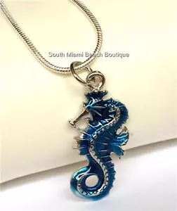 Seahorse Necklace Silver Plated Blue Enamel 17" Sea Life Island Beach Island - Picture 1 of 10