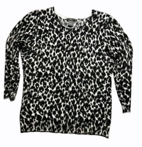 Ann Taylor Petite Black Sweater Cotton Cheetah Animal Print Cardigan Size Medium - Picture 1 of 7