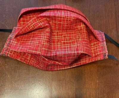 Gold Metallic Lines on Red Fabric.Mask.Cotton.Pleats.Reuse. - Image 1 of 4