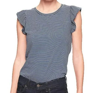 Banana Republic Stripe Ruffle Sleeve Designer T Shirt, Navy Stripe XXL NWT - Picture 1 of 1