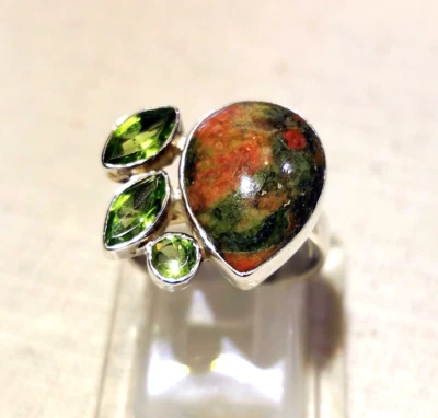 Ring mit Epidot + Peridot , 925er Silber, Gr. 18,1 - Ringschiene offen - Unakit - Bild 1 von 4