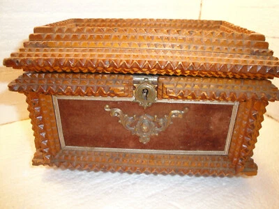 1900 Tramp Art Chip Carved Box 8 Layer Lid Velvet Inserts Metal Mounts Outsider - Image 1 of 4