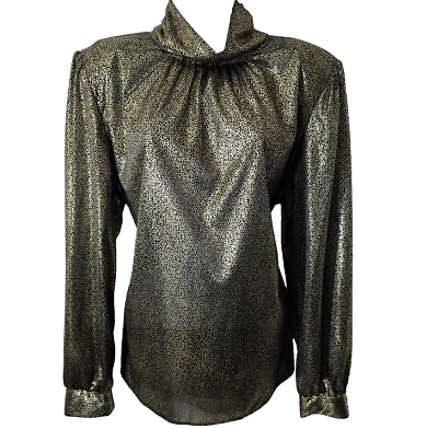 Vintage 80s Disco Gold Top L XL Shirt Cowl Neck Sheer Keyhole Black Dot Foil - Image 1 of 4